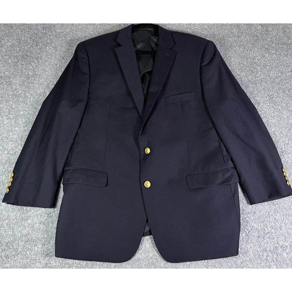 Lauren Ralph Lauren Mens Blazer 44 R Navy Blue 100% Wool Gold Button Sport Coat